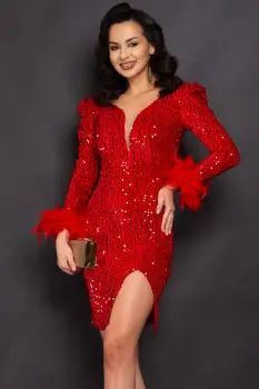 Rochie rosie de ocazie scurta Elma cu paiete si fulgi imagine