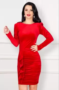 Rochie rosie din catifea Kamelis cu volan elegant imagine