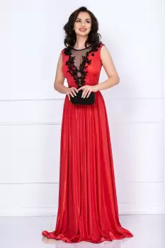 Rochie rosie eleganta Ginette lunga peliculizata cu broderie aplicata imagine