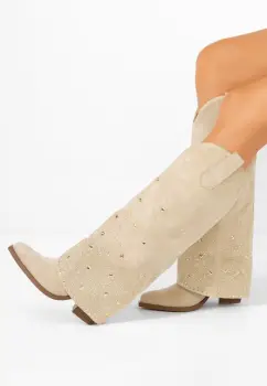 Cizme cu toc gros Millie bej imagine