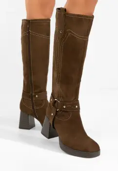 Cizme lungi cu toc gros Lionia maro imagine